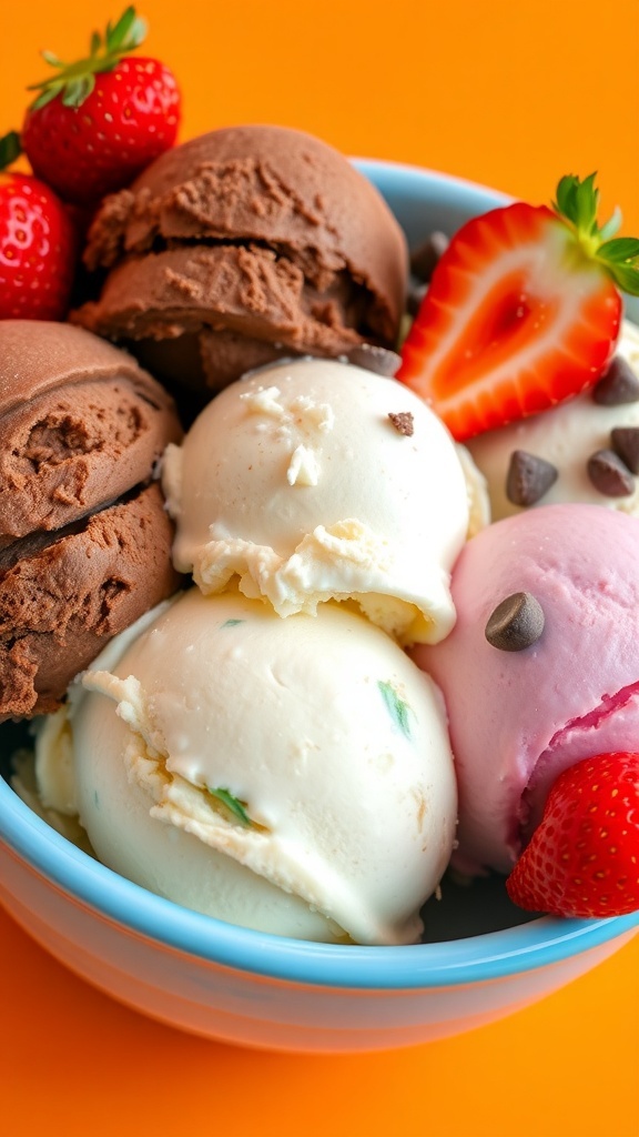 Four scoops of ice cream in a bowl: chocolate, vanilla, strawberry, and mint chocolate chip, garnished with strawberries and chocolate shavings.